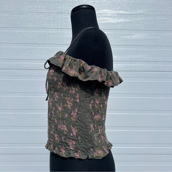 American Eagle Green Smocked Floral Crop Tank Top, XL - Picture 3 of 9